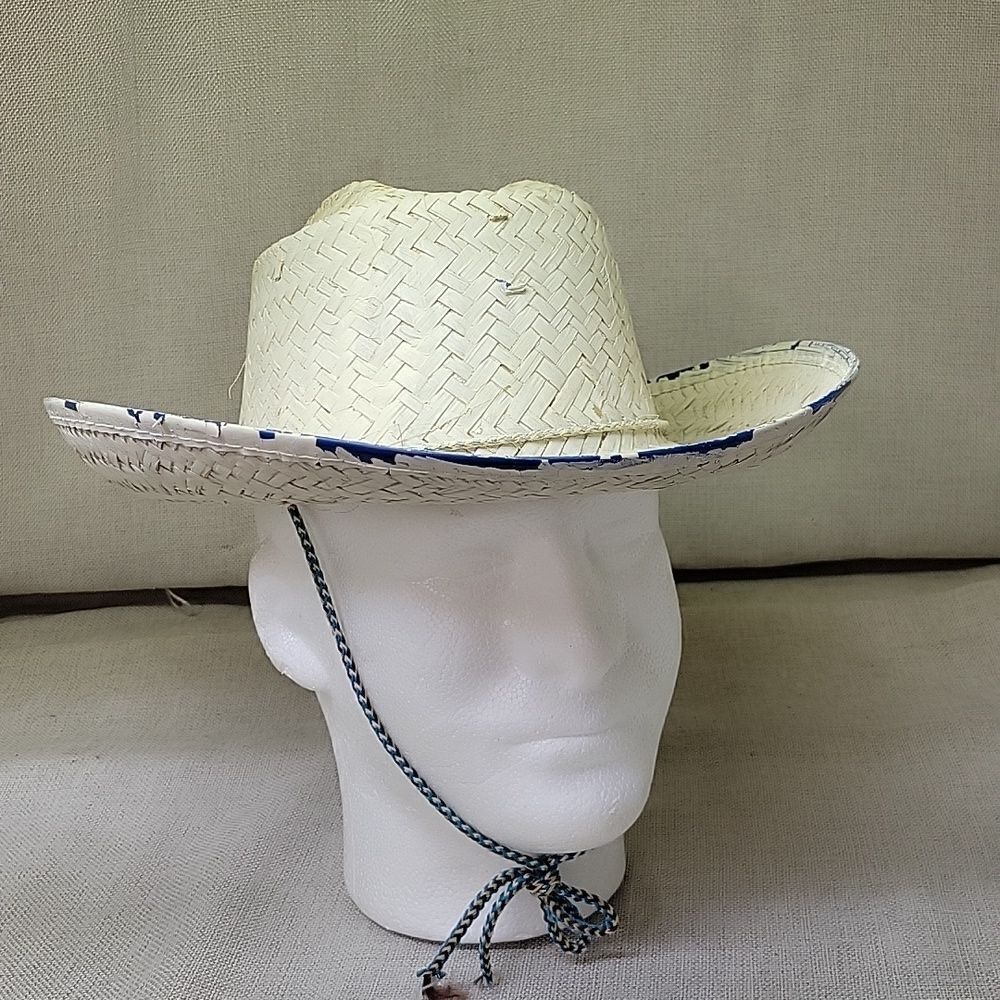 Straw cowboy hat with blue trim.